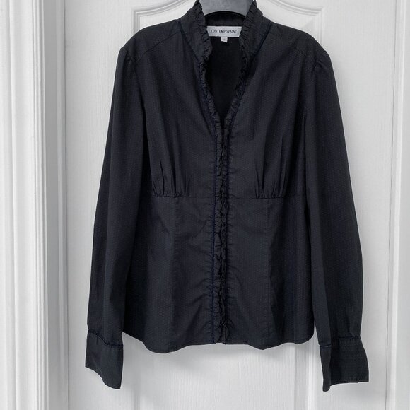 Contemporaine - Black and White Mini Polkadots Longsleeve Blouse - Picture 1 of 7